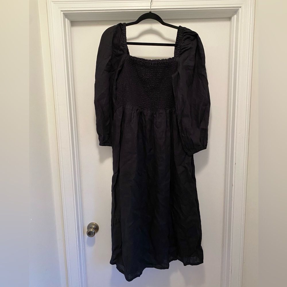 J. Crew Linen Daydream Smocked Midi Dress, Large Tall, Black puff sleeve - Picture 2 of 8